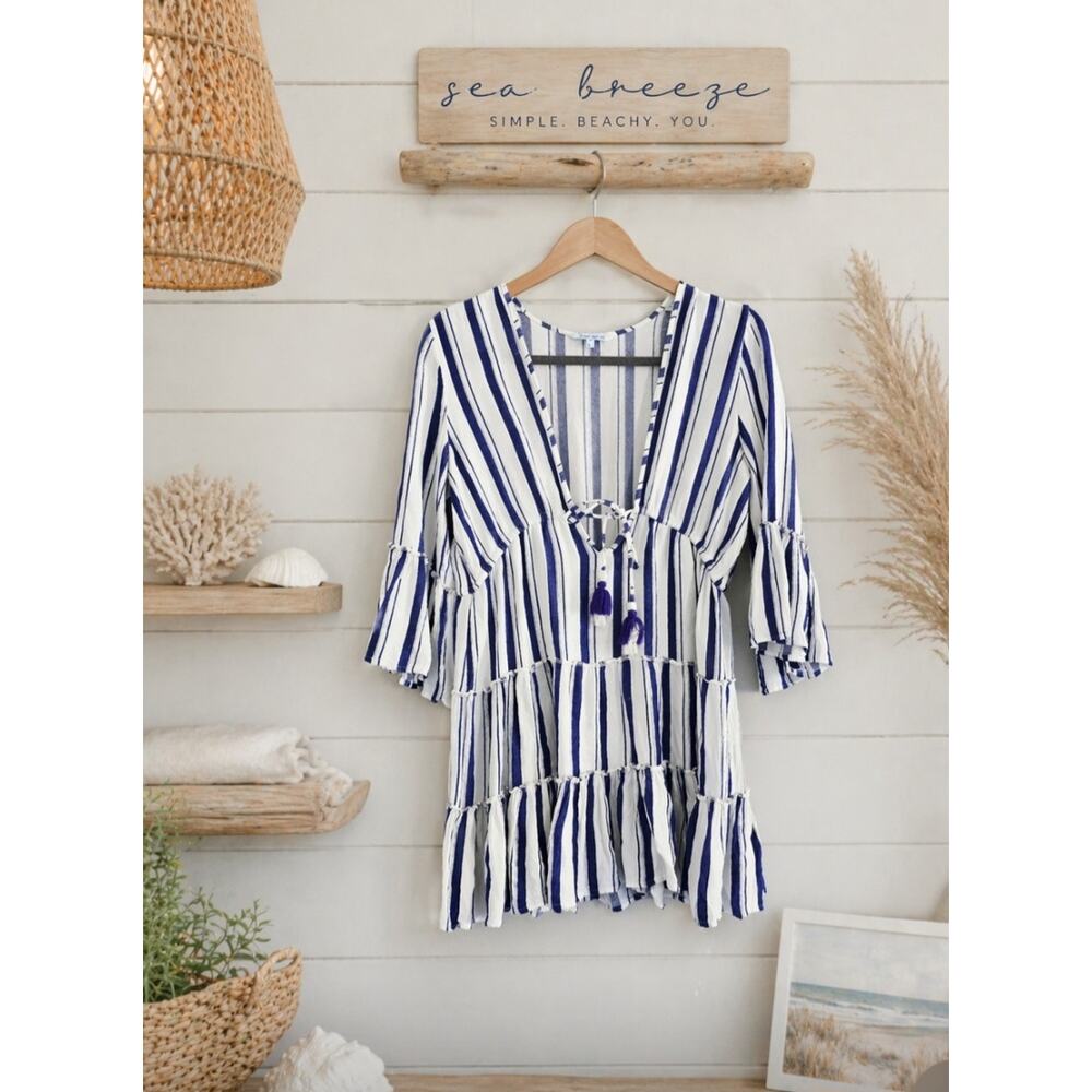 Blue Island White Striped Rayon Smocked Mini Dress S